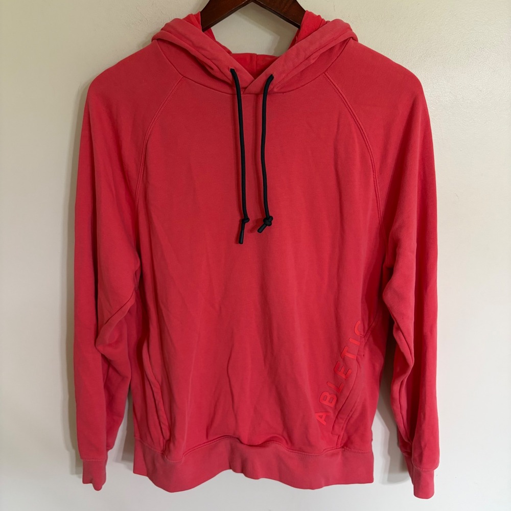 Fabletics‎ Mens Coral Pink Raglan Pullover Hoodie L Zipper Side Pocket Athletic